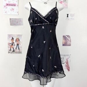 Morgan Taylor Intimates Black Satin Slip Dress – Pink Rose Embroidery